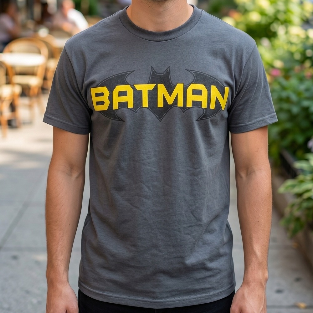 Batman DC Comics Graphic T-Shirt Charcoal Grey Yellow Bat Logo Mens Short Sleeve